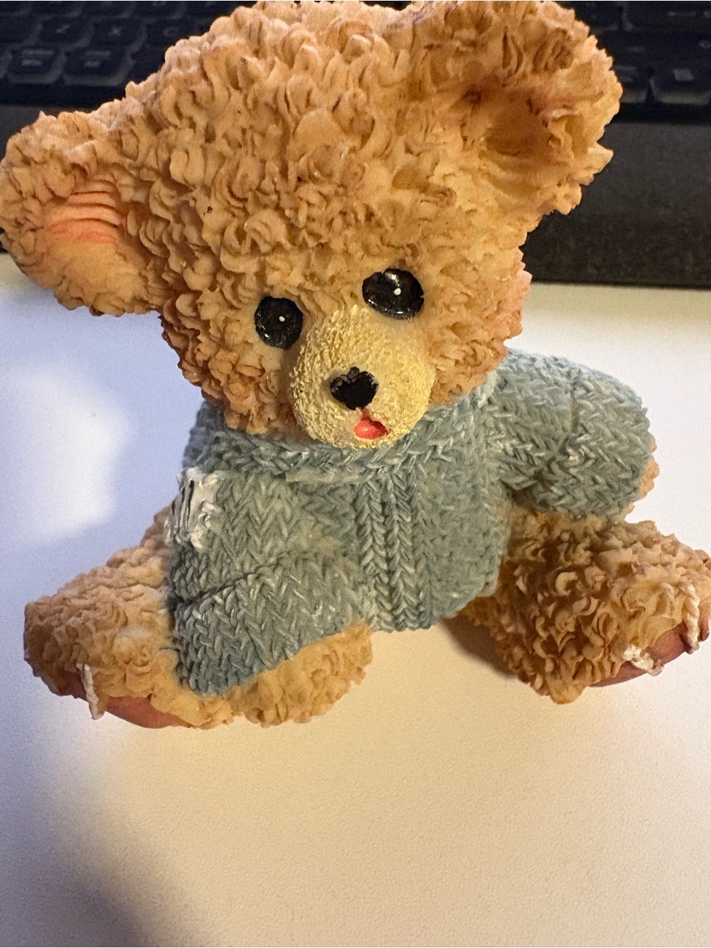 Plush-Textured Light Brown Bear Figurine with Blue Sweater - Decorative Accent